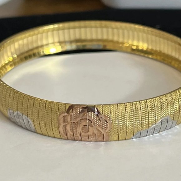 18KT Plated Sterling Silver Floral  Tri-Tone Bangle Bracelet MSRP: $450 - Picture 5 of 6